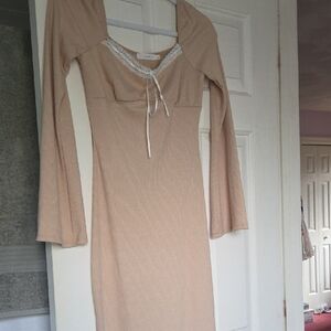Lush Tan Long Sleeve Midi Dress with Lace Detail